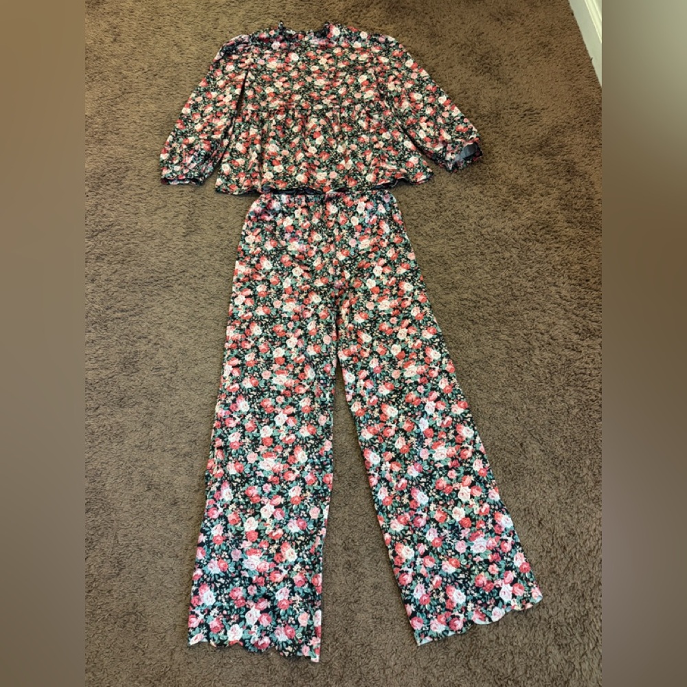 2 FOR $20 SHEIN Girls Kid Ditsy Floral Peplum Top Satin Outfit Set Pants 11 12